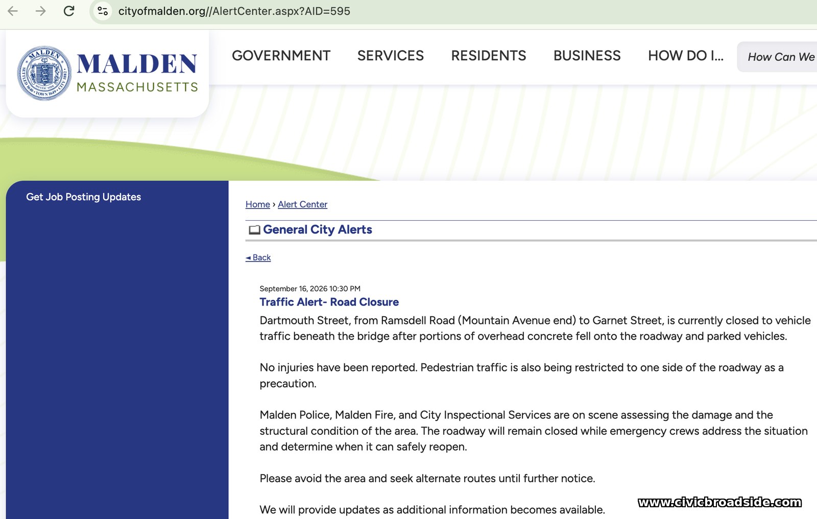 City of Malden traffic alert announcing the road closure
