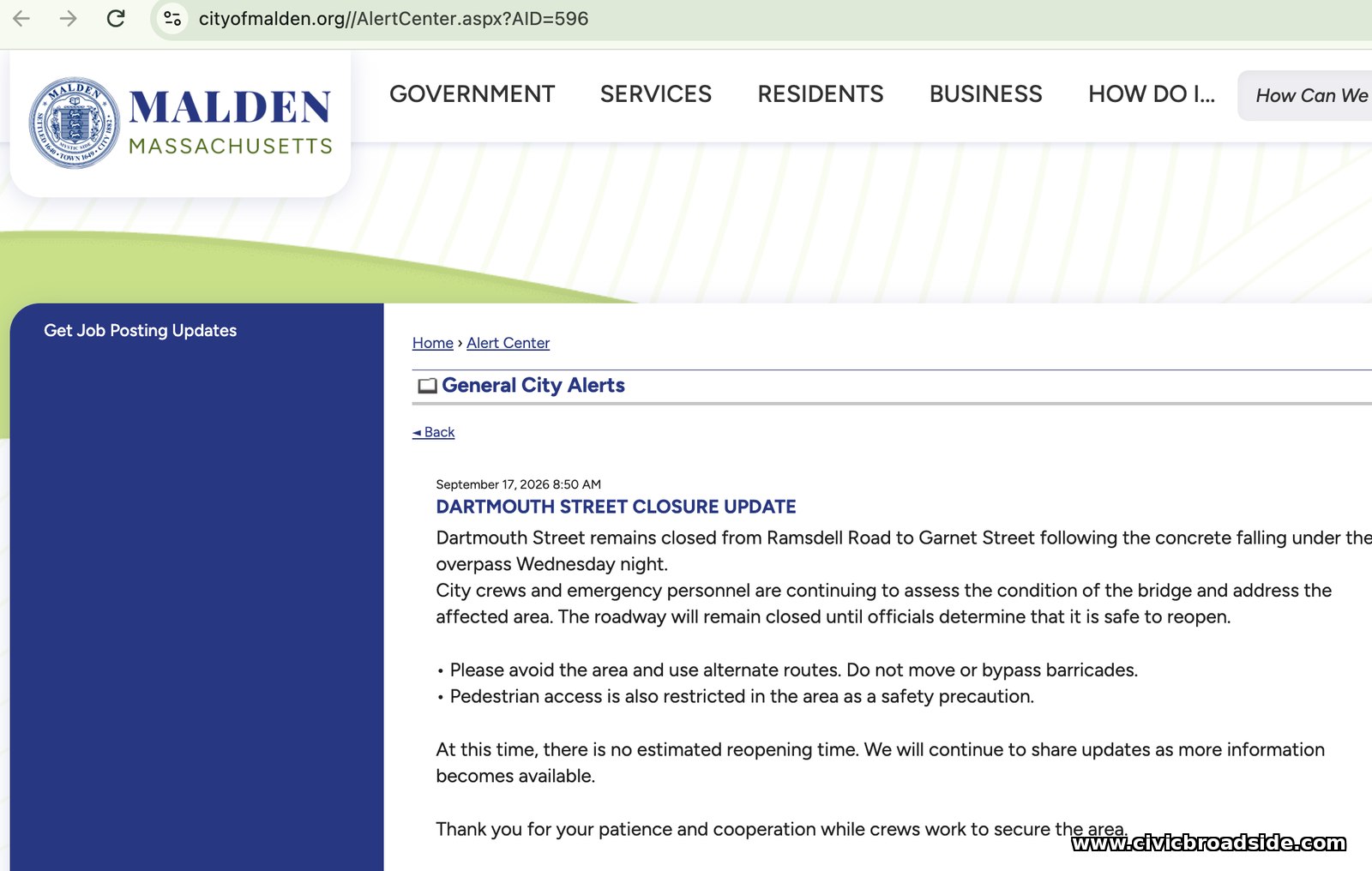 City of Malden traffic alert with a Dartmouth Street closure update