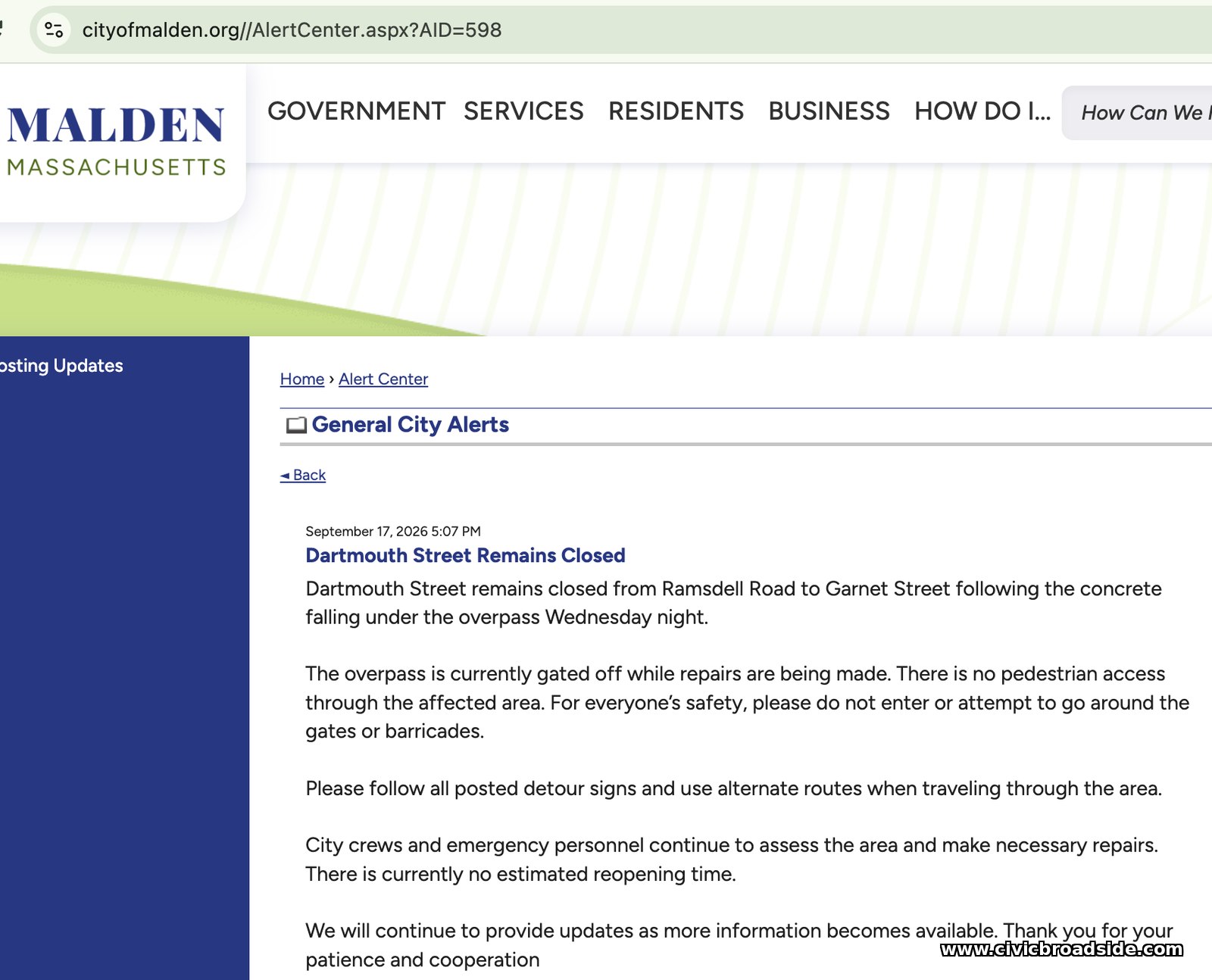 City of Malden traffic alert noting Dartmouth Street remains closed