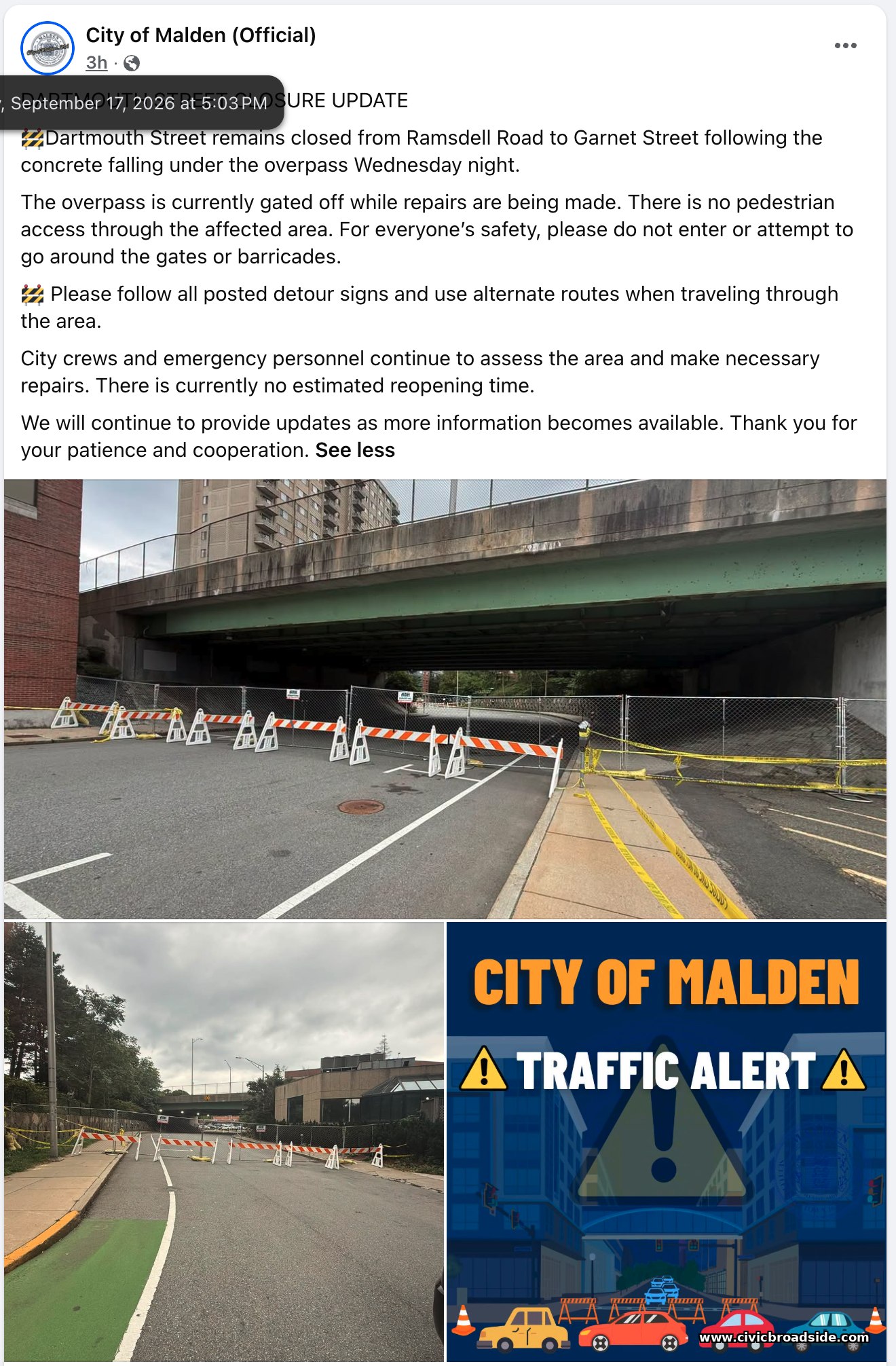 City of Malden Facebook post, September 17