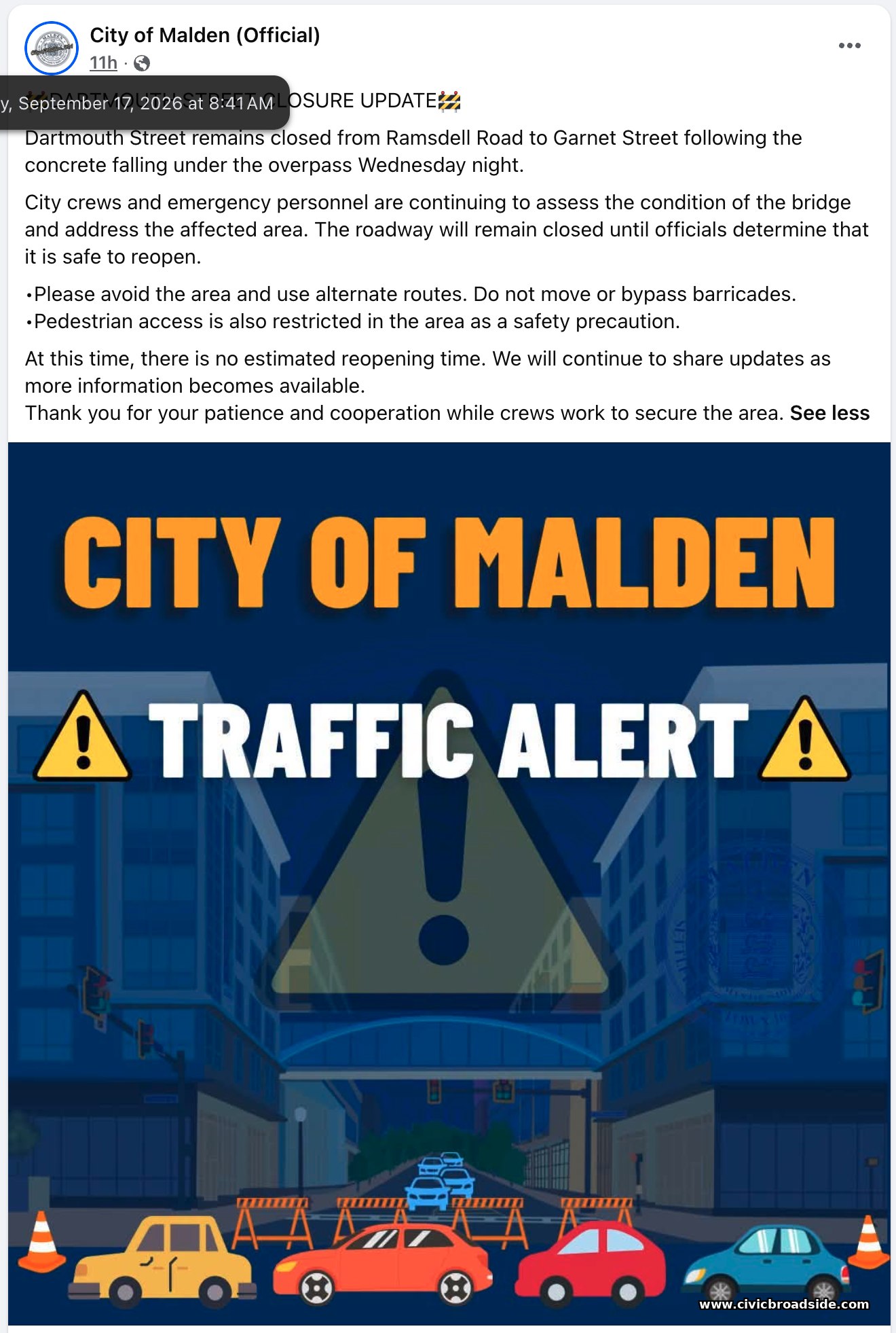 City of Malden Facebook post, September 17, follow-up