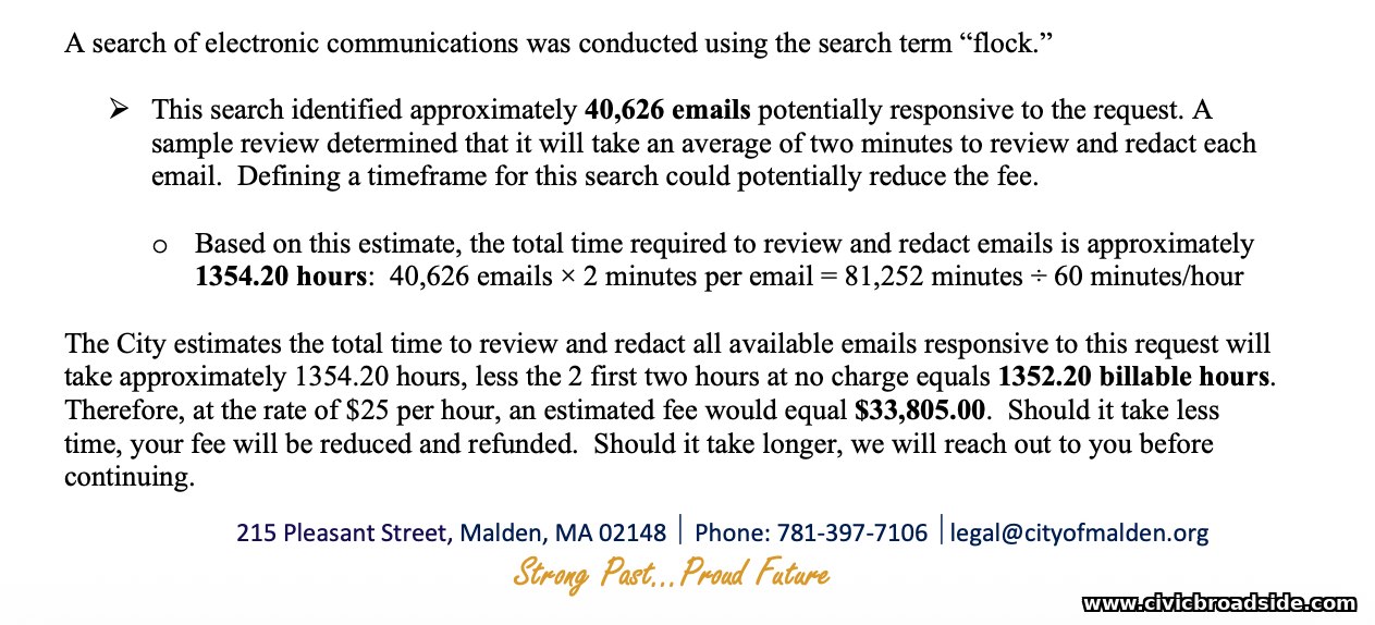 Excerpt of the City Legal Department's Sept. 15 petition showing the 40,626-email count, the 1,354.20-hour estimate and the $33,805.00 fee.