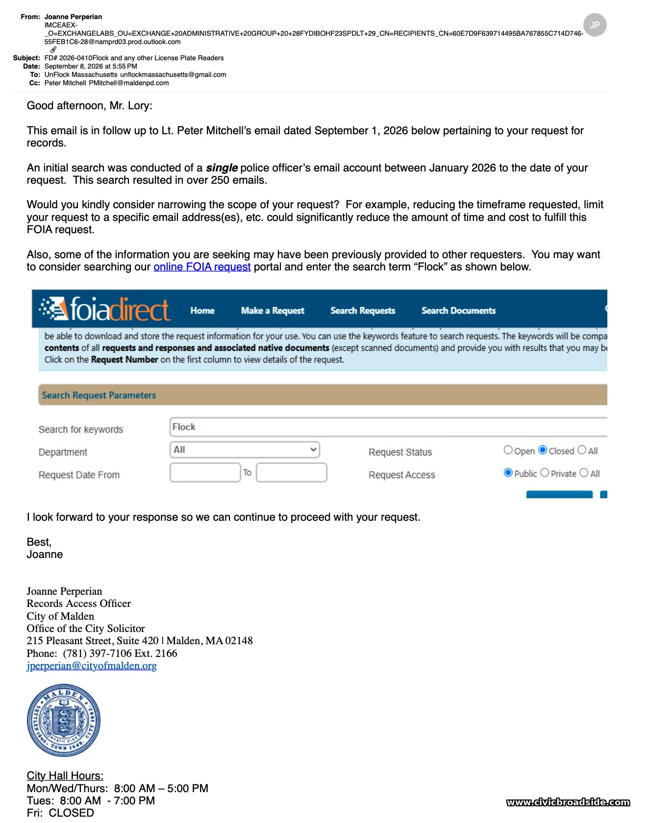 Sept. 8, 2026 email from Malden's Records Access Officer reporting more than 250 emails in an initial single-account search.