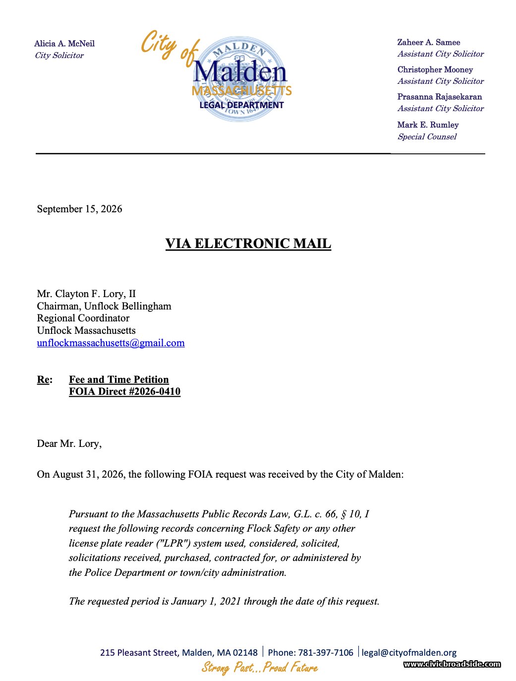 First page of the City Legal Department's Sept. 15, 2026 fee and time petition to UnFlock Massachusetts.