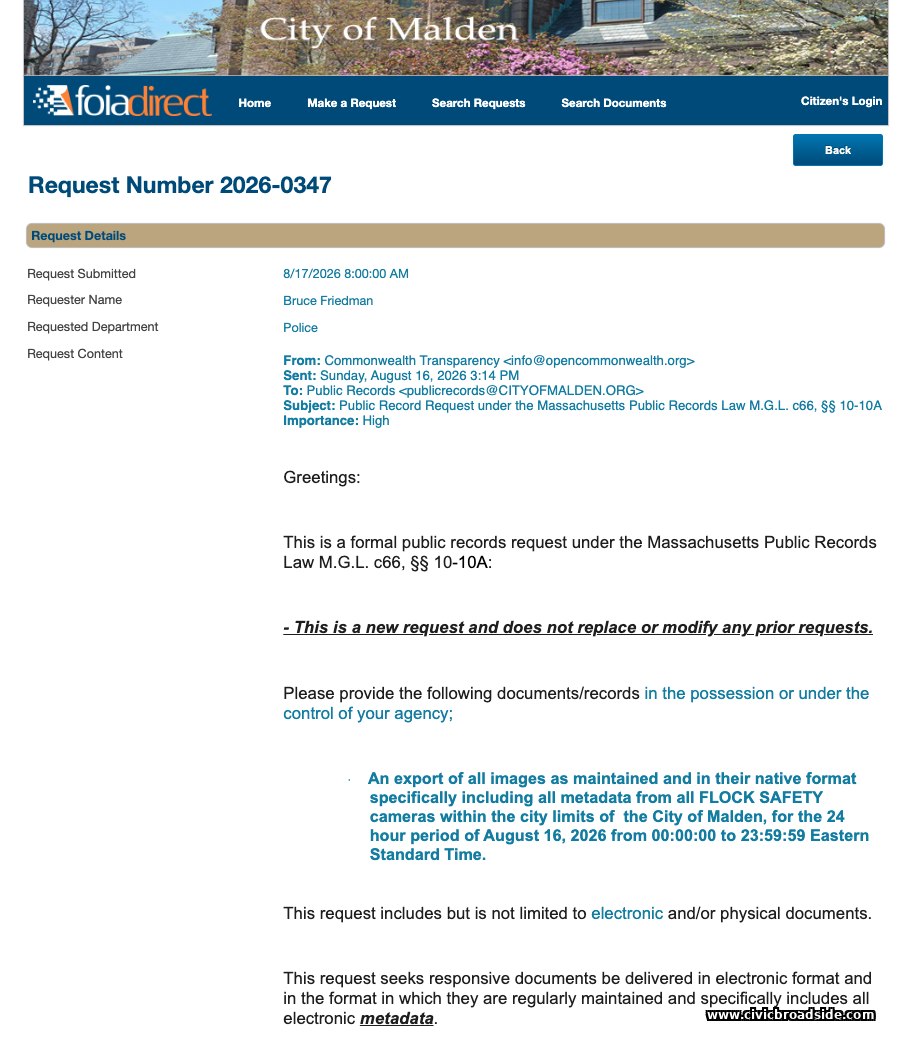 Malden FOIA Direct page for request 2026-0347, the Aug. 16 request for all Flock images for that day.