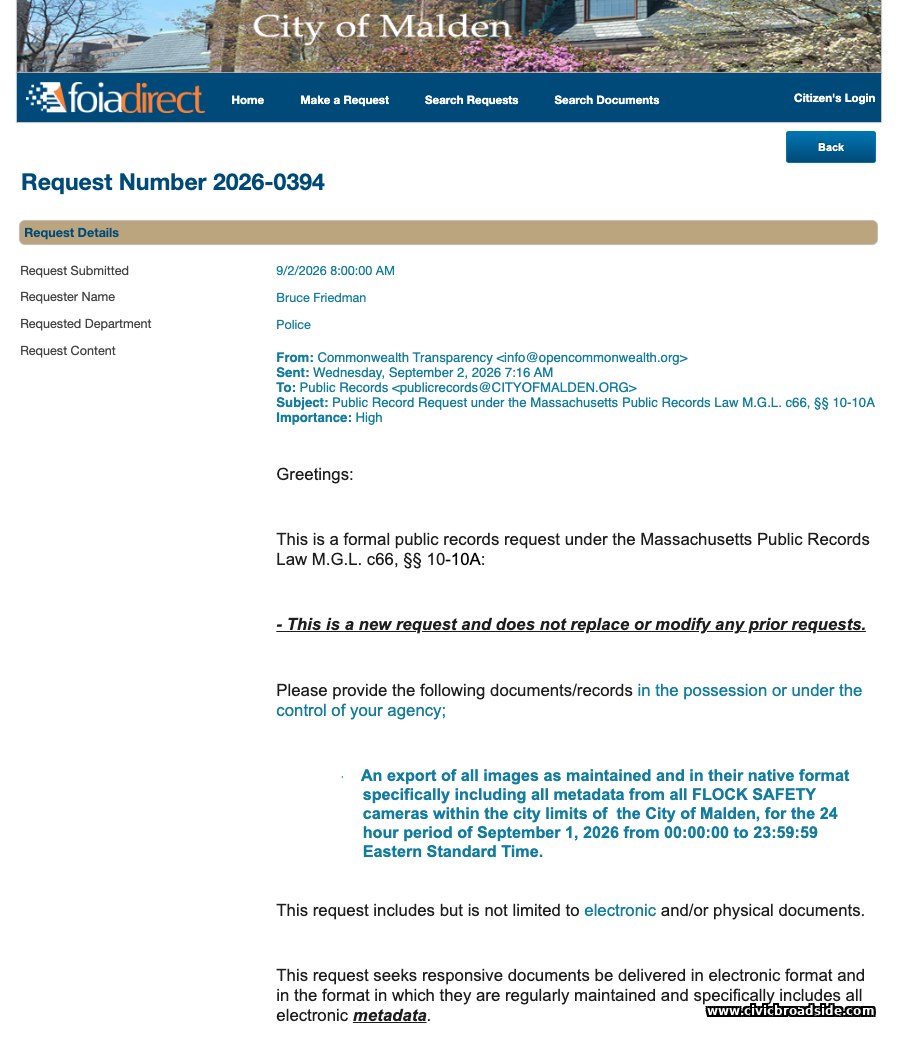 Malden FOIA Direct page for request 2026-0394, the request for all Flock images for Sept. 1.