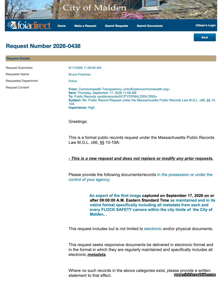 Malden FOIA Direct page for request 2026-0438, the request for the first image from each Flock camera on Sept. 17.