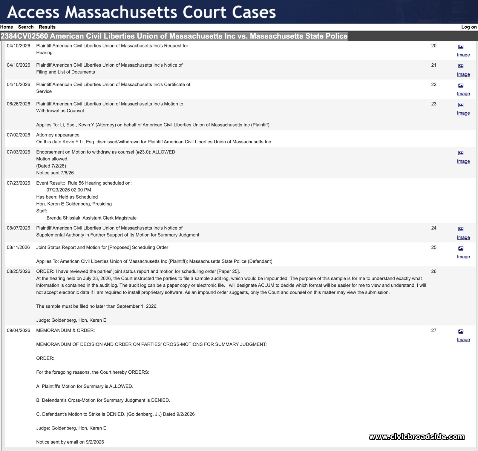 Suffolk Superior Court docket in ACLUM v. Massachusetts State Police