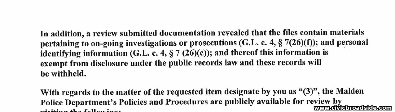 Excerpt of the City's response letter explaining that some records were withheld as exempt under G.L. c. 4, section 7(26)(f) and (c)