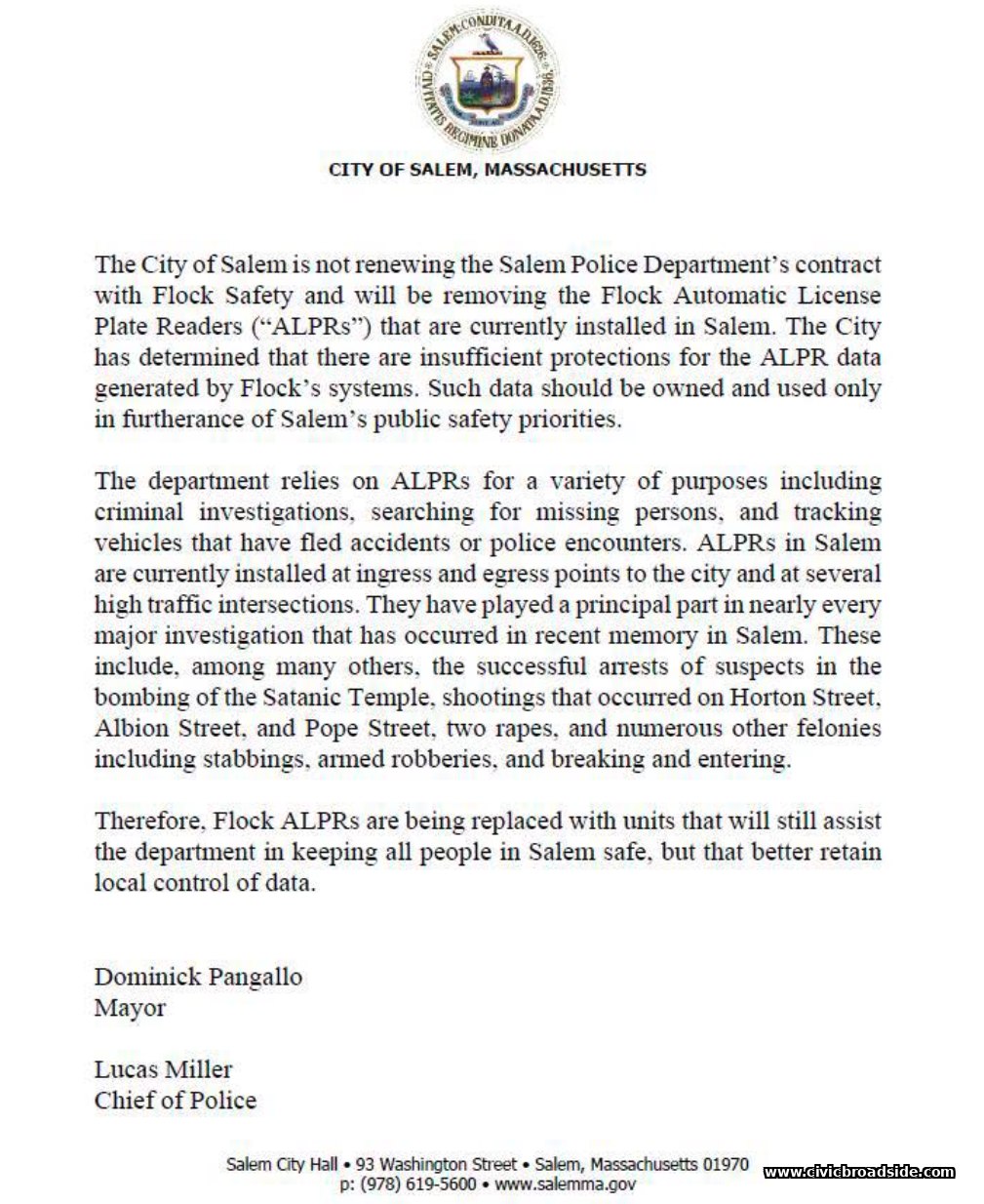 Official City of Salem letterhead notice announcing the non-renewal of the Flock Safety ALPR contract, signed by Mayor Dominick Pangallo and Police Chief Lucas Miller