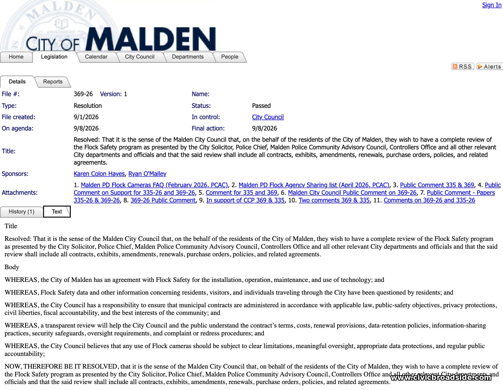City of Malden legislative record for File #369-26
