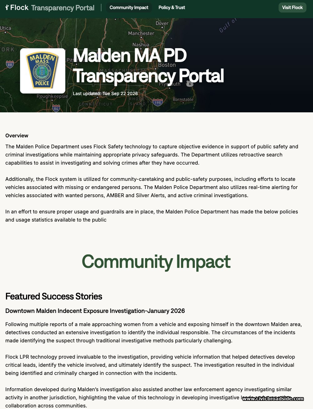 Malden MA PD Flock Safety Transparency Portal header, showing 'Last updated: Tue Sep 22 2026'