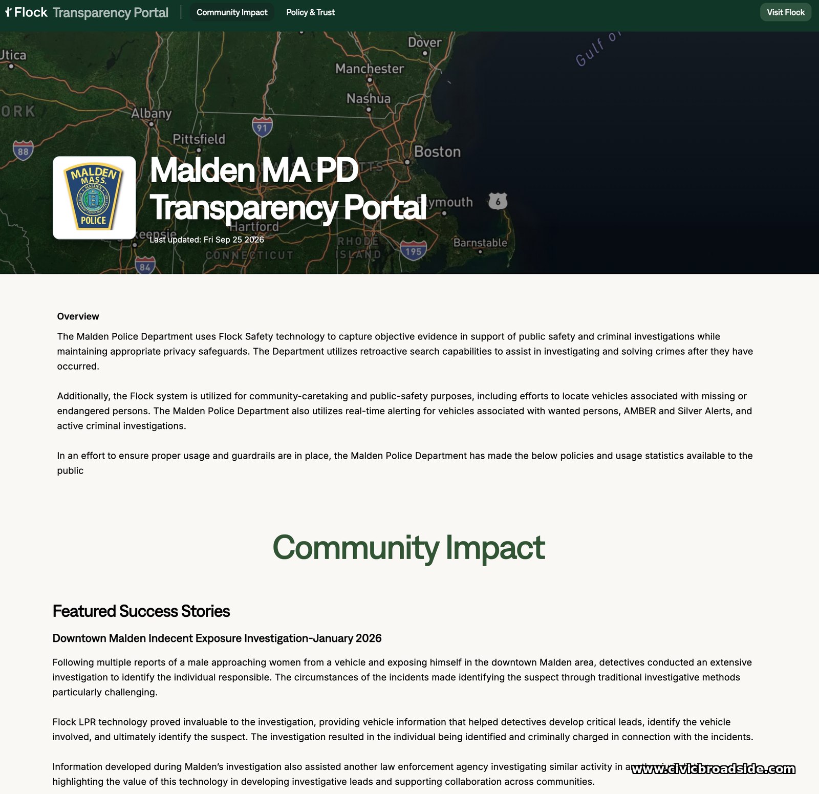 Malden MA PD Flock Safety Transparency Portal header, showing 'Last updated: Fri Sep 25 2026'