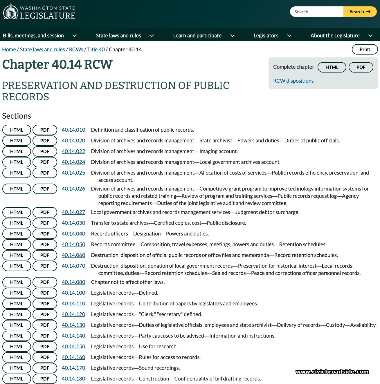 Washington State Legislature page listing Chapter 40.14 RCW, 'Preservation and Destruction of Public Records,' with its section index.