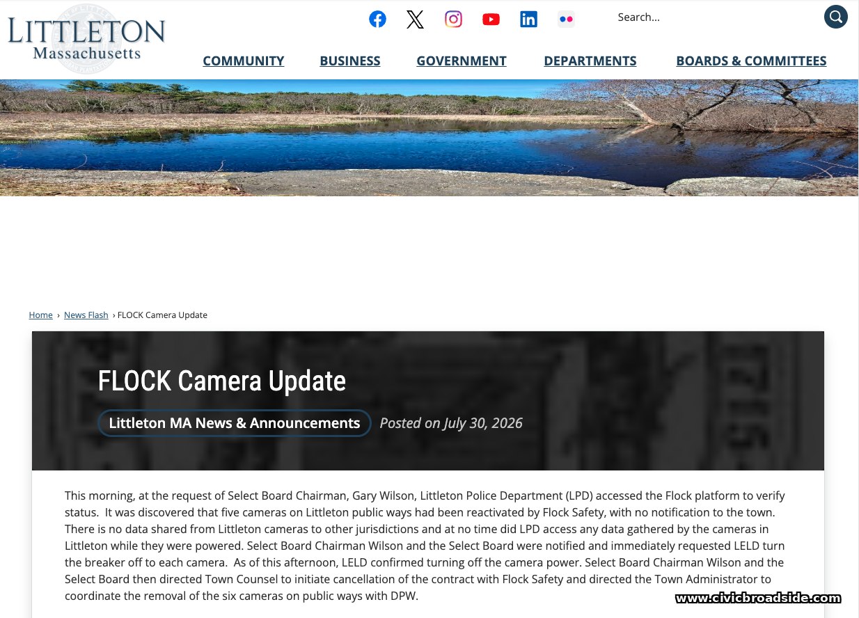 Screenshot of Littleton, MA's 'FLOCK Camera Update' newsflash, posted July 30, 2026