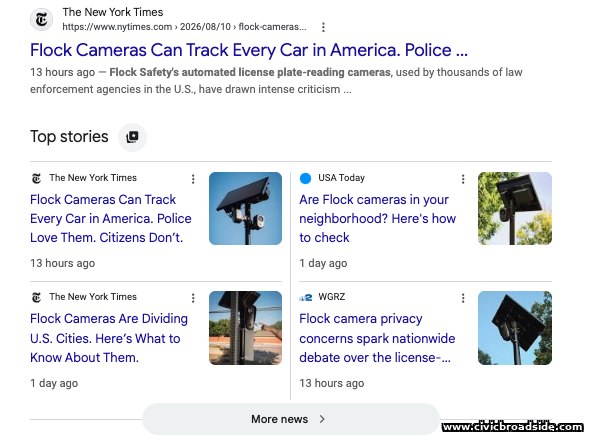 New York Times headline: 'Flock Cameras Can Track Every Car in America. Police Love Them. Citizens Don't.'