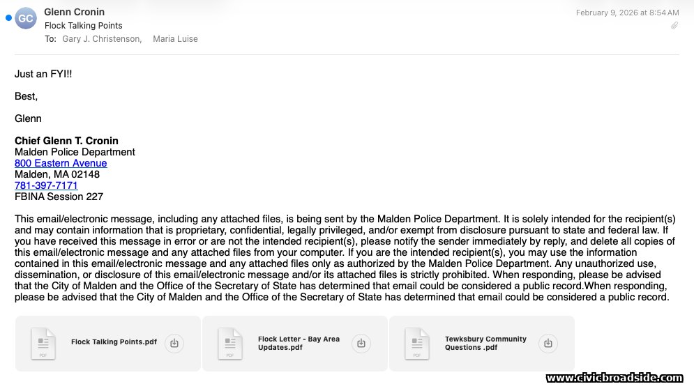 Email from Chief Glenn Cronin to Mayor Gary Christenson and Maria Luise, dated February 9, 2026, subject 'Flock Talking Points,' reading 'Just an FYI!!' with three PDF attachments