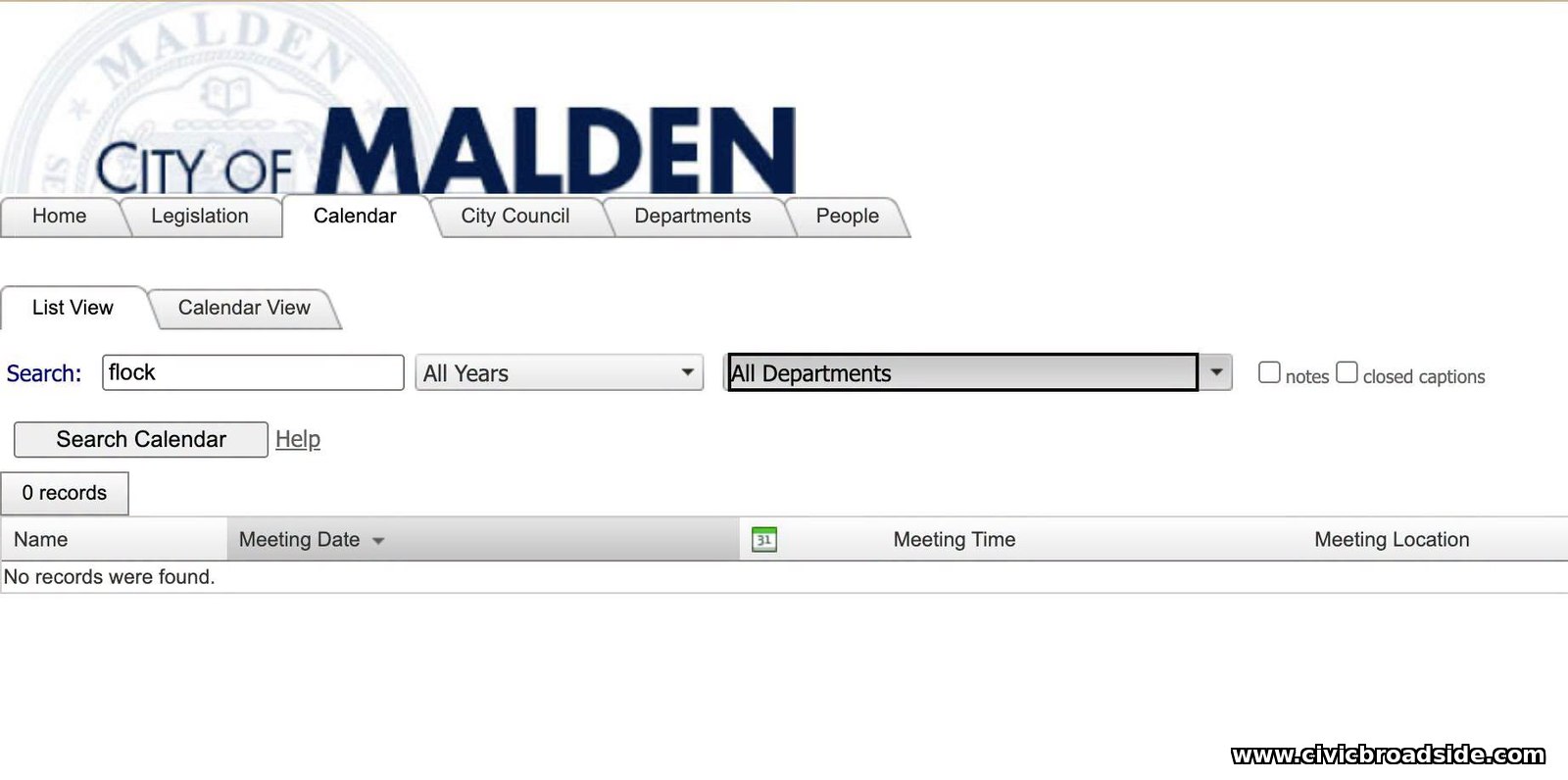 A search of the City of Malden's public meeting calendar for the word Flock