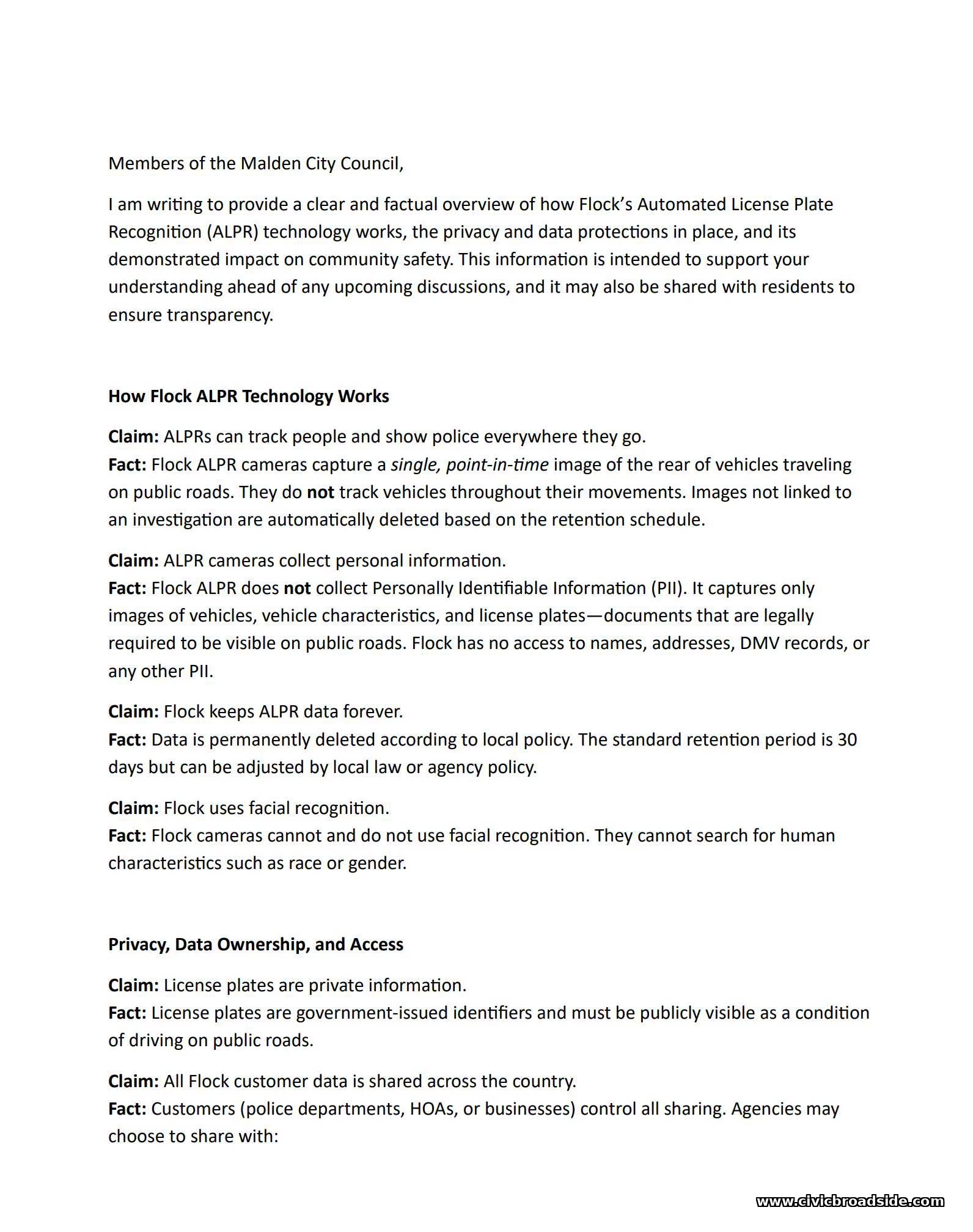 Memo from Chief Glenn T. Cronin to the Malden City Council, page 1