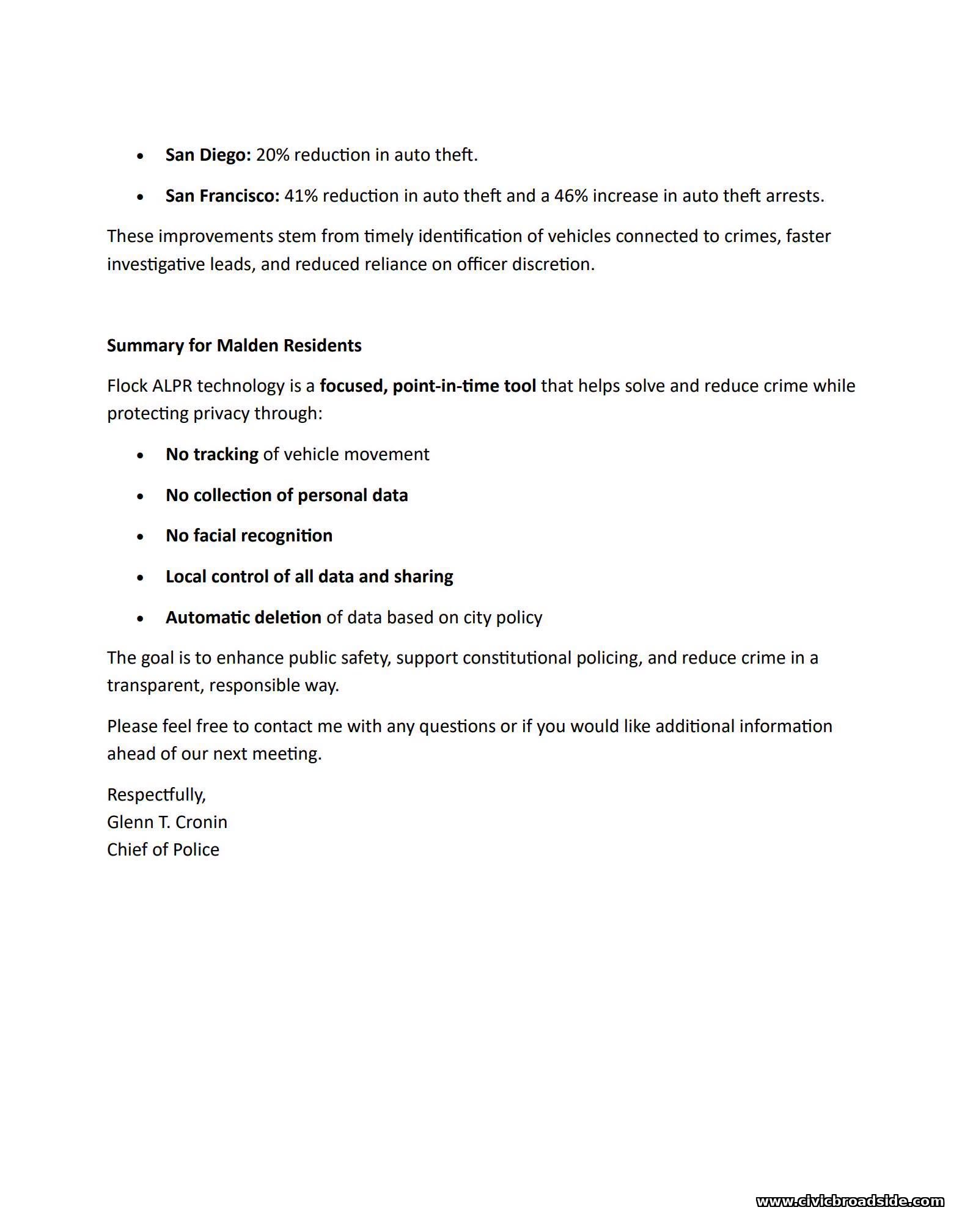 Memo from Chief Glenn T. Cronin to the Malden City Council, page 3, signed