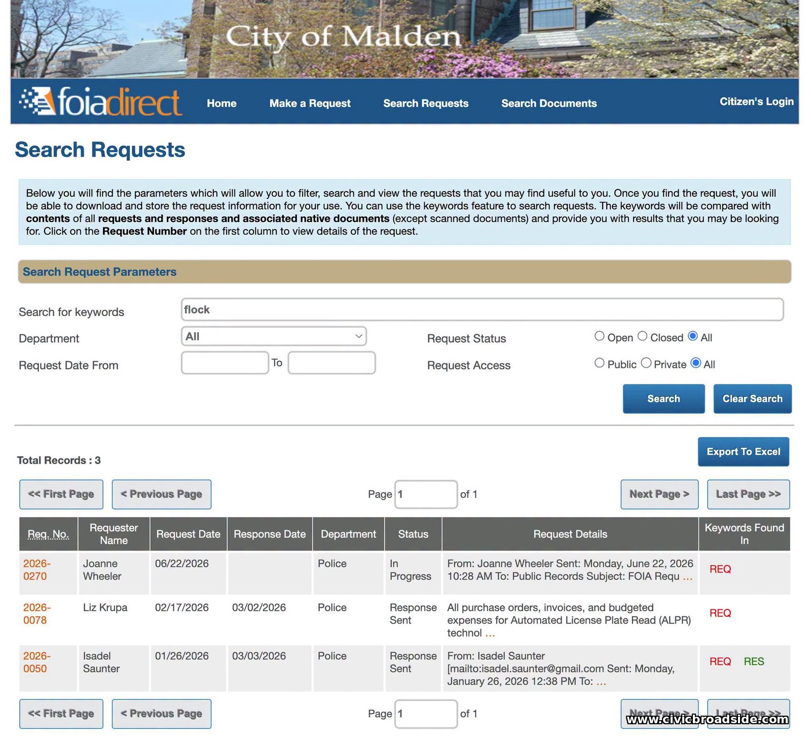 FOIA Direct search results for 'flock' against the City of Malden