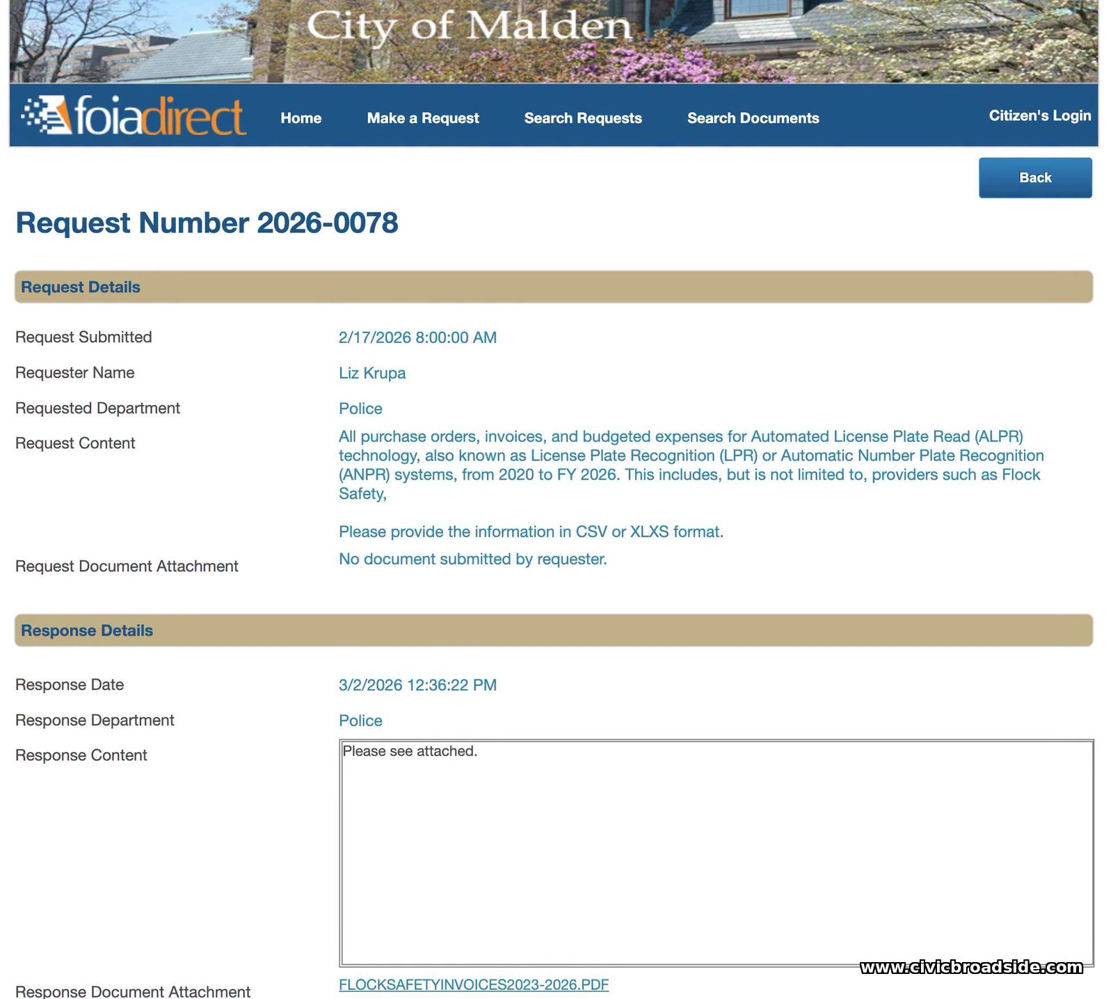 Detail page for public records request 2026-0078