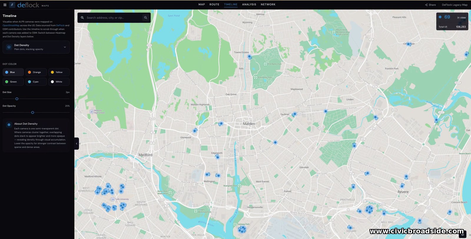 DeFlock timeline map showing mapped license-plate readers around Malden, Massachusetts