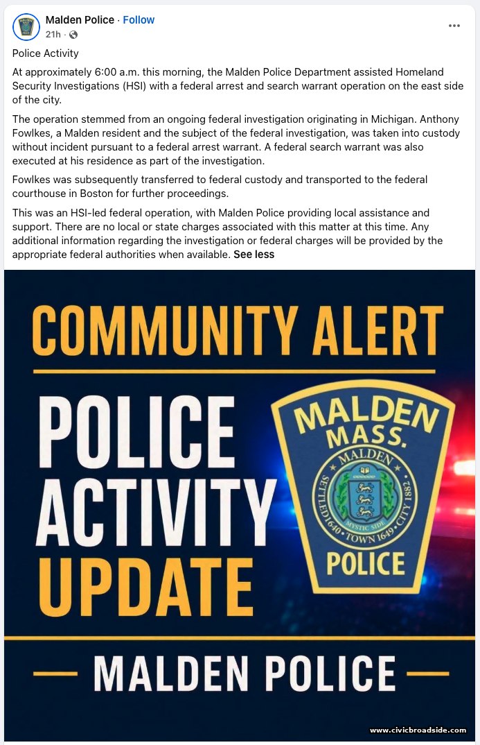 Malden Police Department Facebook post describing the September 15, 2026 police activity