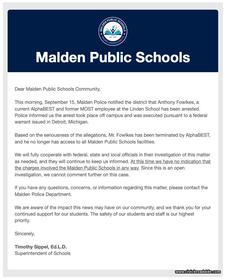 Malden Public Schools community letter from Superintendent Timothy Sippel