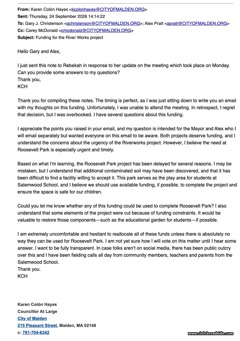 Screenshot of Councillor Colón Hayes's September 24, 2026 email to Mayor Christenson and Alex Pratt, copying Carey McDonald, asking whether the funding could be used to complete Roosevelt Park