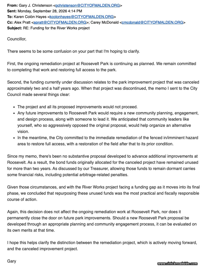 Screenshot of Mayor Christenson's September 28, 2026 4:14 pm reply to Councillor Colón Hayes