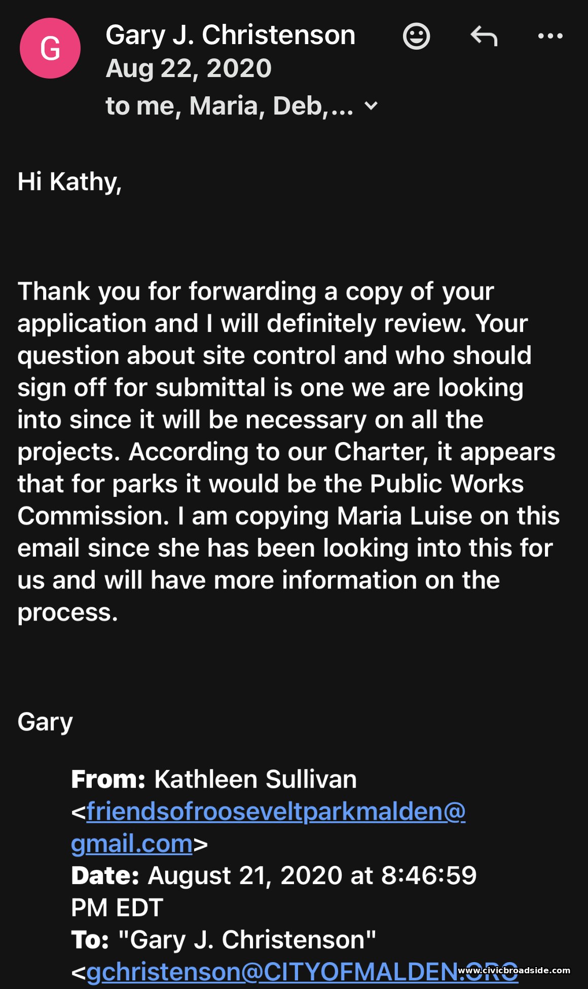 Screenshot of Mayor's August 22, 2020 message to Friends of Roosevelt Park