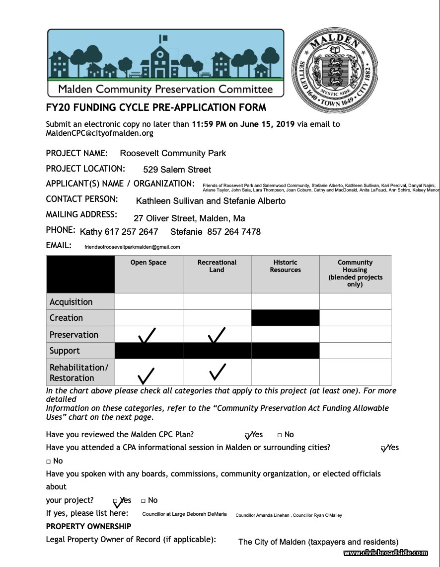 Screenshot of FoRP Pre-App for Roosevelt Community Park