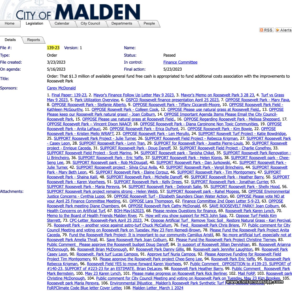 City of Malden Legistar page for Council Paper 139-23, the $1.3 million free cash appropriation for Roosevelt Park, listing 108 attachments including public comments opposing and supporting the project