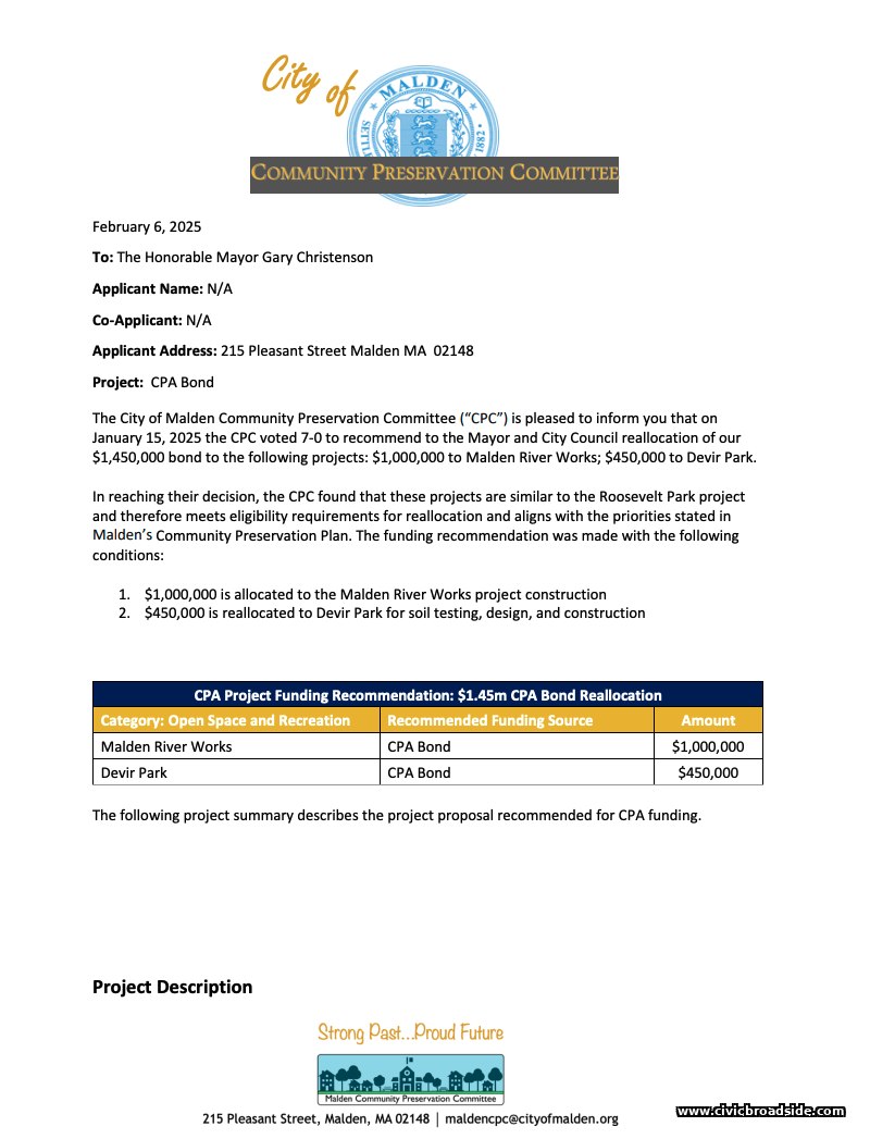 CPC Bond Reallocation to Malden River Works and Devir Park