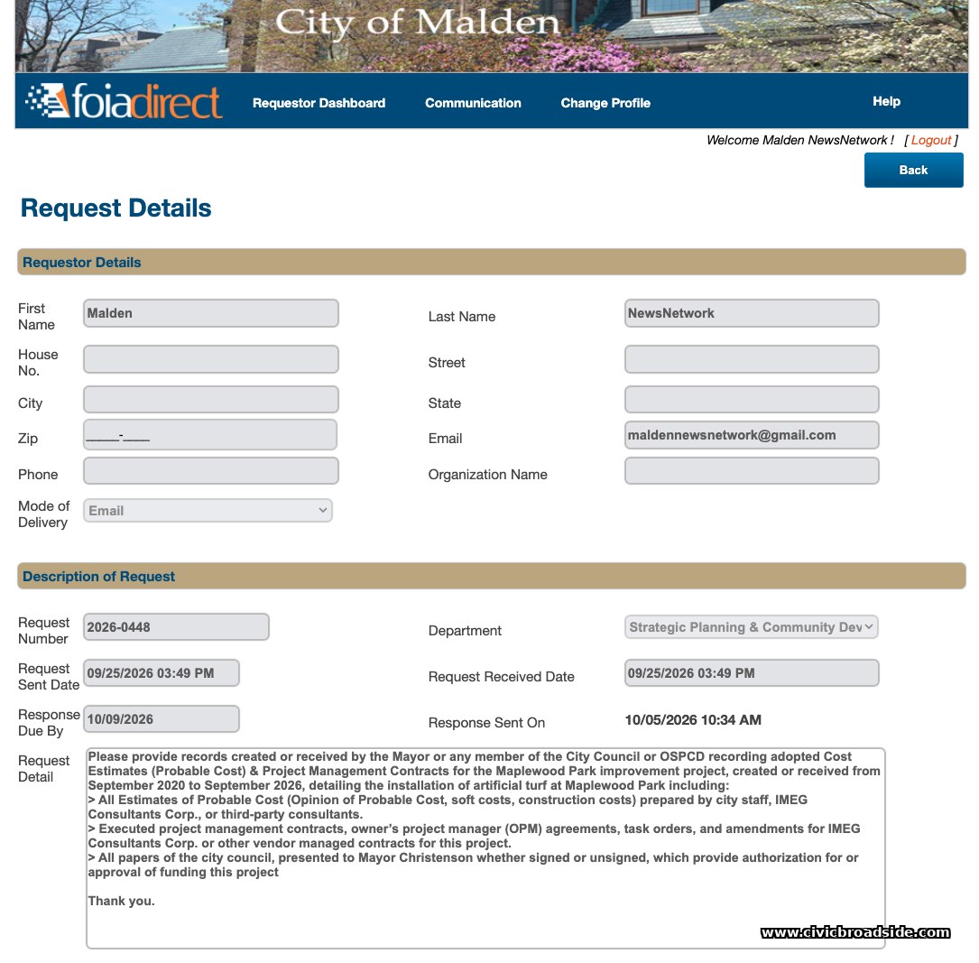 A screenshot of MNN's request 2026-0448 in the City of Malden's FOIAdirect portal, showing a sent date of 09/25/2026, a response due date of 10/09/2026, a response sent date of 10/05/2026, and the text of the request.