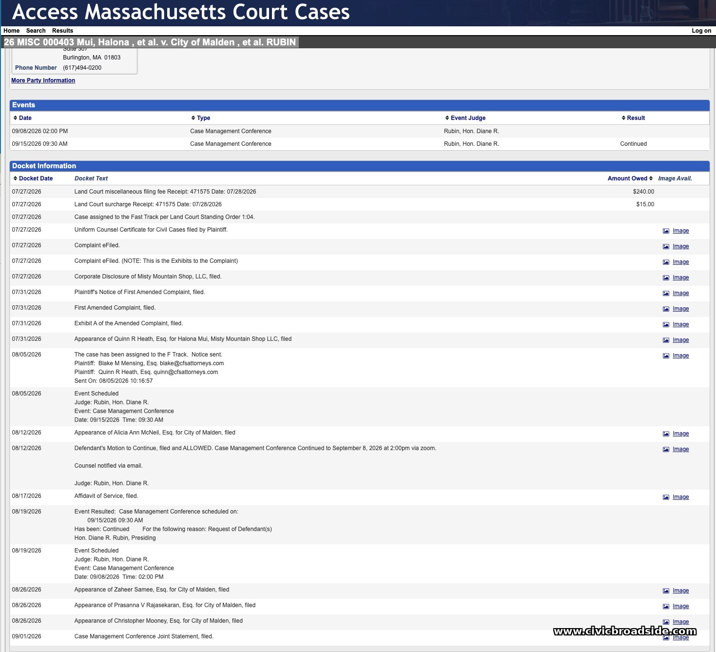 Massachusetts Trial Court docket for Mui et al. v. City of Malden et al., 26 MISC 000403