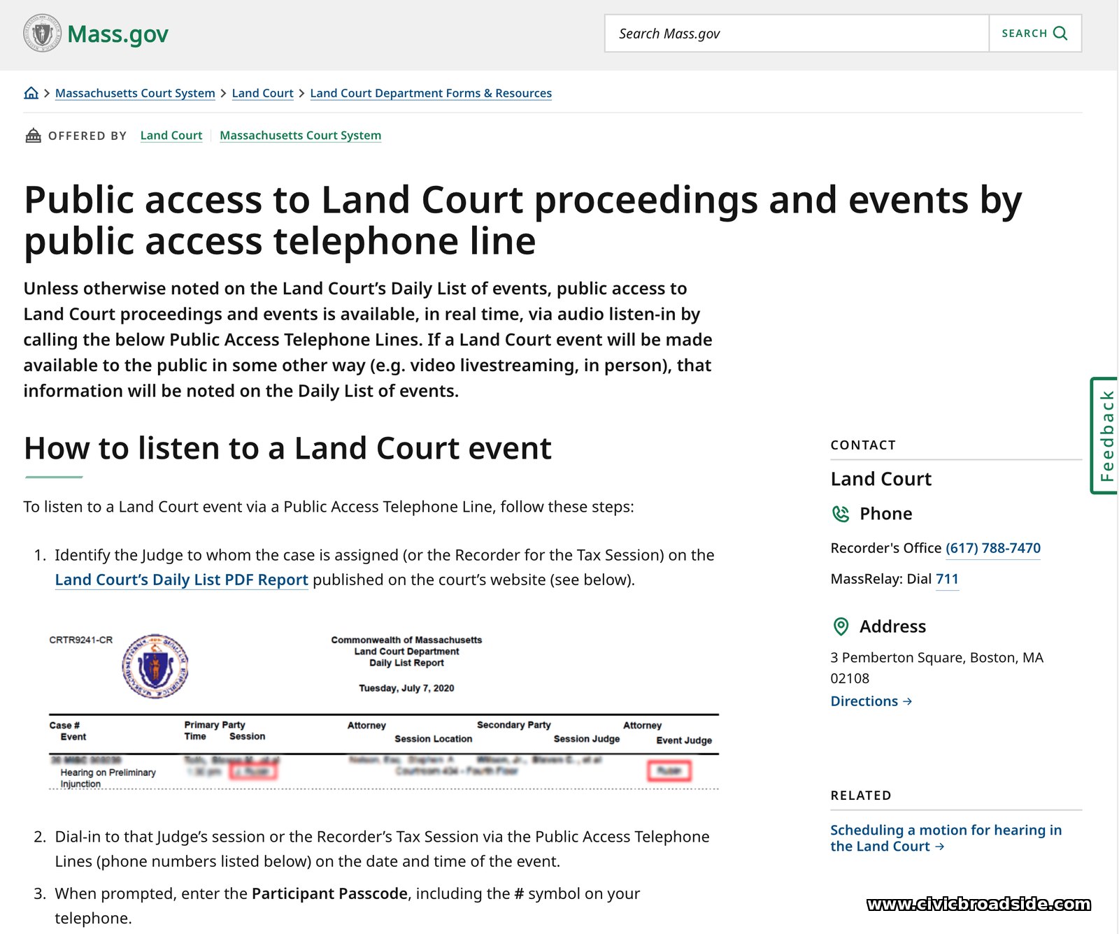 Massachusetts Land Court public access telephone line instructions, from Mass.gov