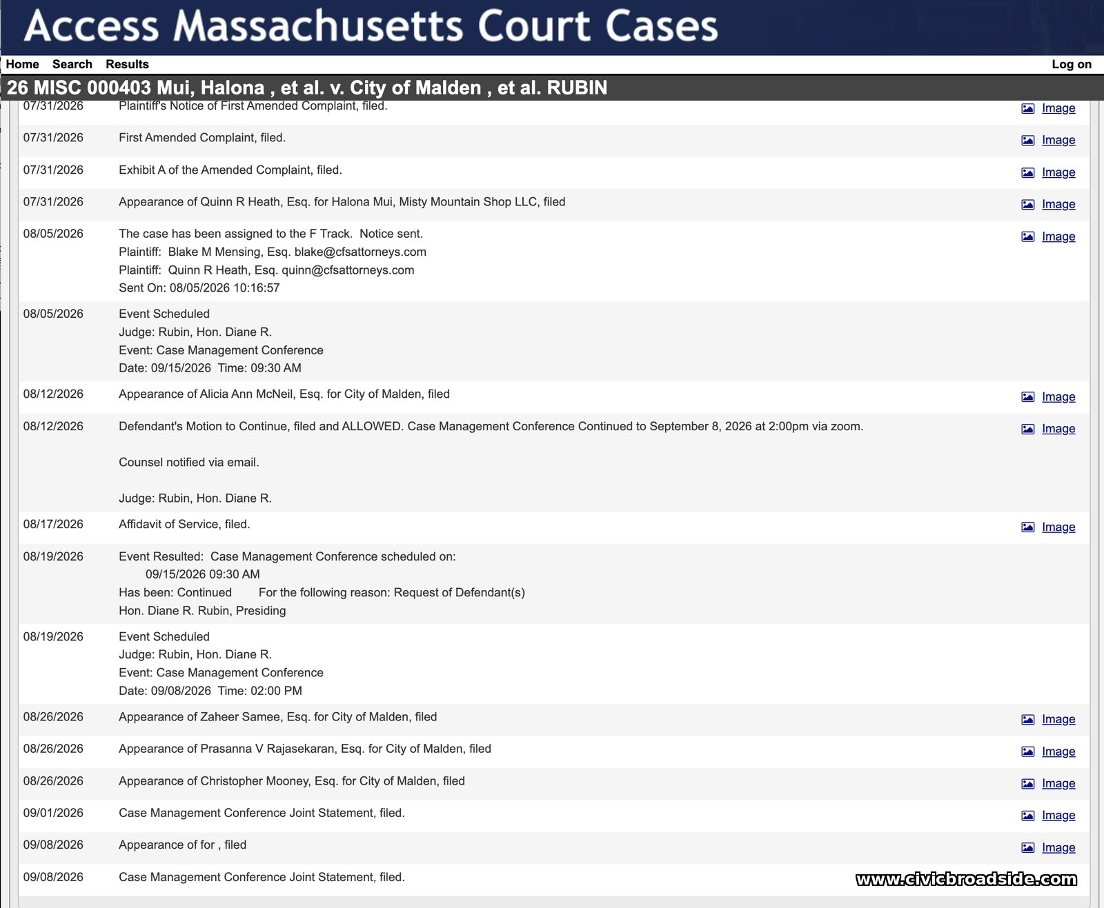 Land Court docket for 26 MISC 000403, showing entries from July through early September 2026