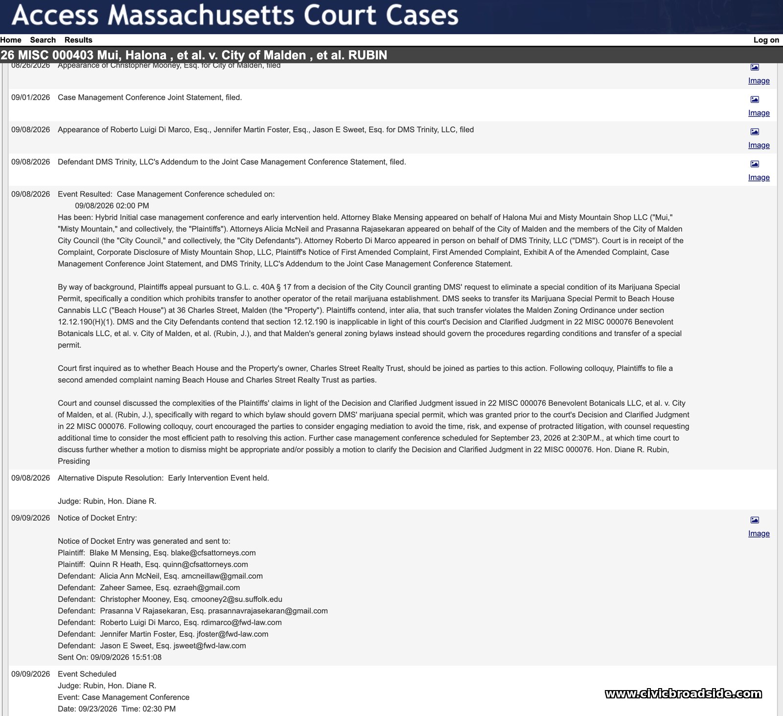 Land Court docket entry for September 8-9, 2026, with the Court's memorandum of the hearing