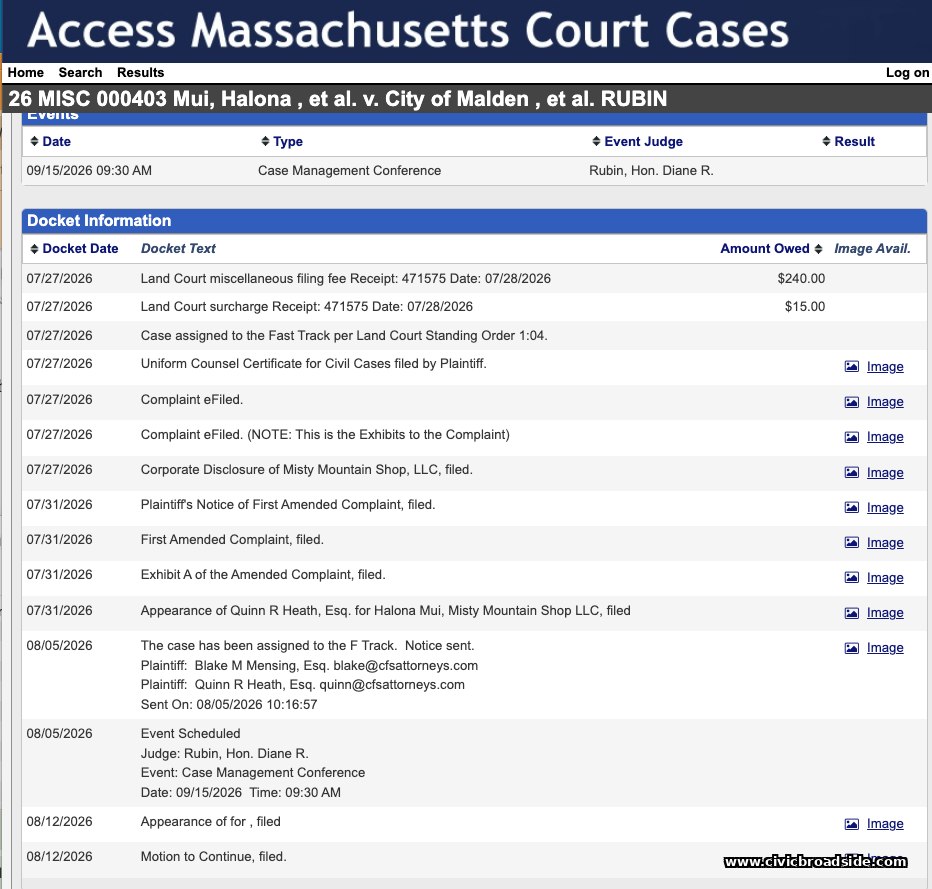 Land Court docket for 26 MISC 000403, showing the Sept. 15, 2026 Case Management Conference and the Aug. 12 Motion to Continue