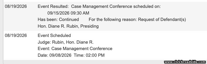 Land Court docket entry dated 08/19/2026 showing the Case Management Conference, originally scheduled for 09/15/2026, has been continued to 09/08/2026, 2:00 PM, before Hon. Diane R. Rubin