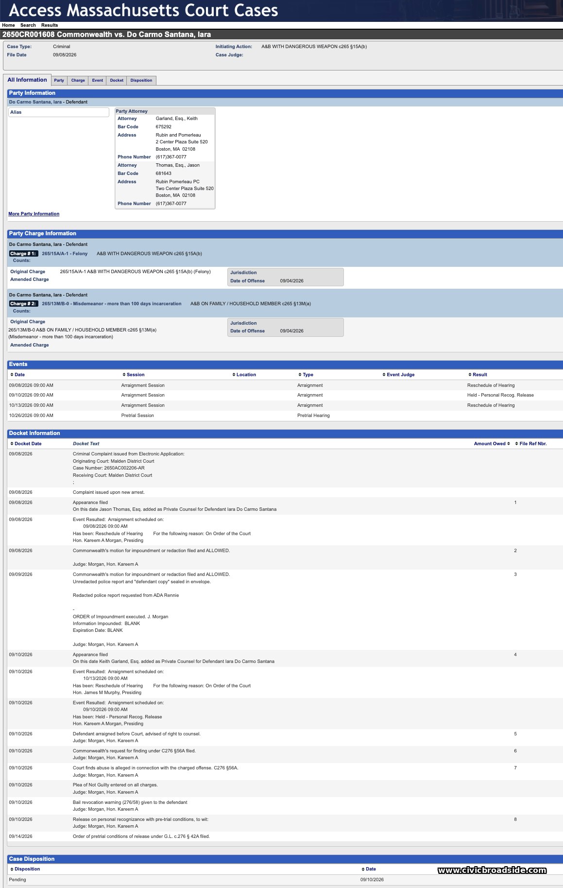 Screenshot of the docket tab for Commonwealth v. Do Carmo Santana, Malden District Court case 2650CR001608, showing docket entries from Sept. 8-14, 2026.