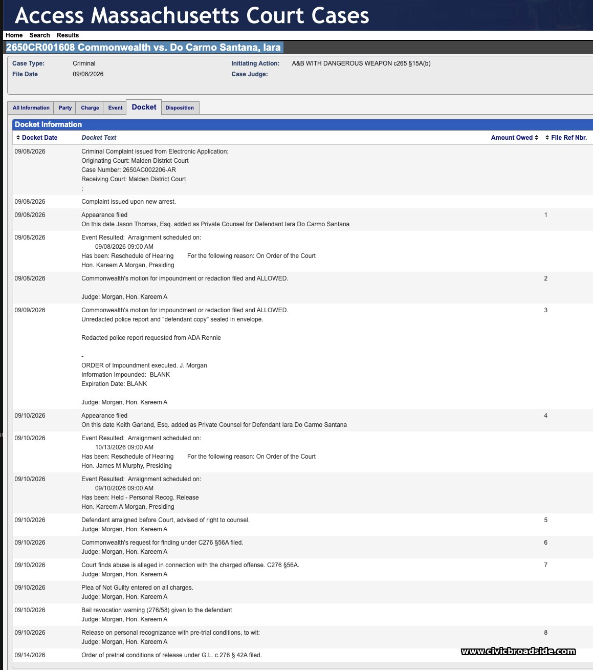 Screenshot of the full case detail page for Commonwealth v. Do Carmo Santana, showing parties, charges, and scheduled case events.