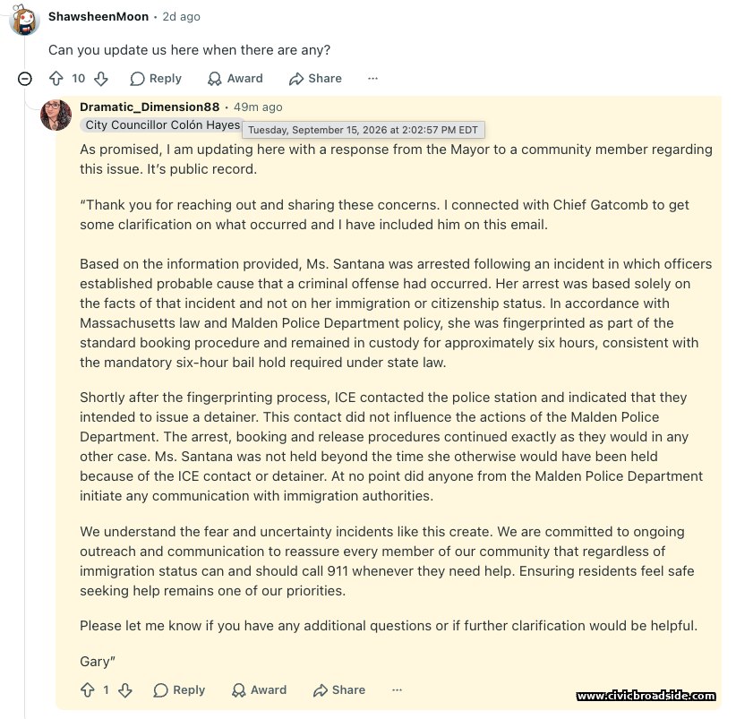 Screenshot of a Reddit comment by City Councillor Karen Colón Hayes reposting Mayor Gary Christenson's email statement on the Santana case.