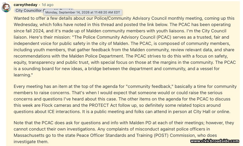 Screenshot of City Councillor Carey McDonald's Reddit comment describing the PCAC's mission and Wednesday's agenda topics.