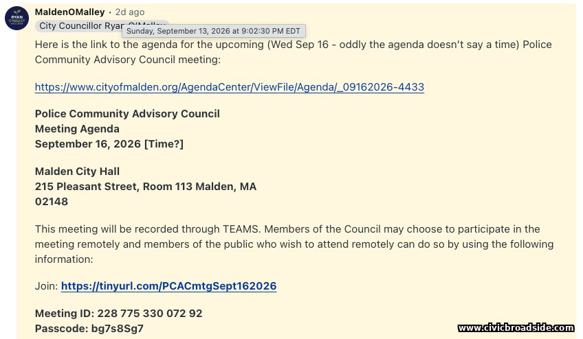 Screenshot of City Councillor Ryan O'Malley's Reddit comment with the Sept. 16 PCAC meeting agenda link and remote-access details.