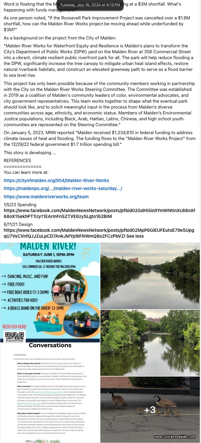 Malden News Network Facebook post, July 16, 2024, asking how the Malden River Works project could move ahead $3M underfunded if Roosevelt Park was cancelled over a $1.6M shortfall