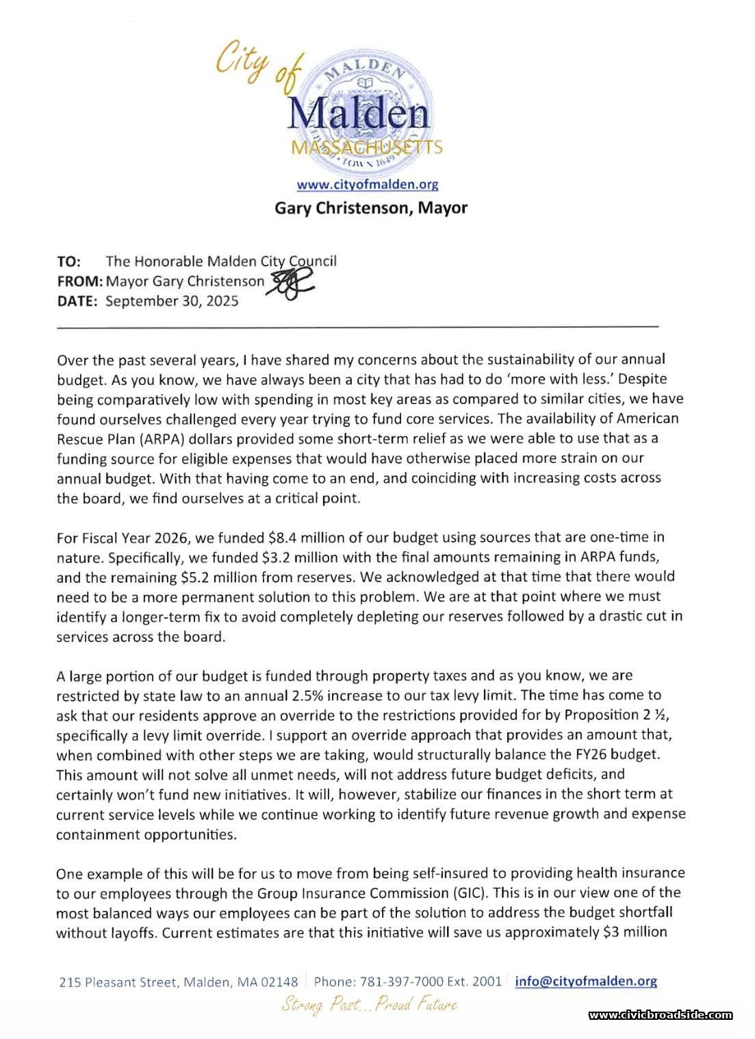 Mayor Christenson's September 30, 2025 memo to the City Council, page 1