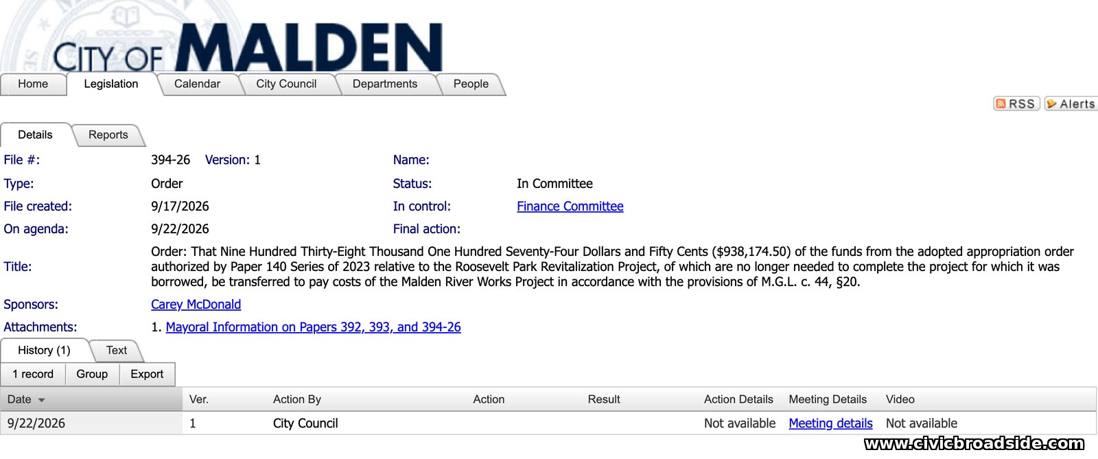 City Council Paper #394-26, transferring Roosevelt Park funds